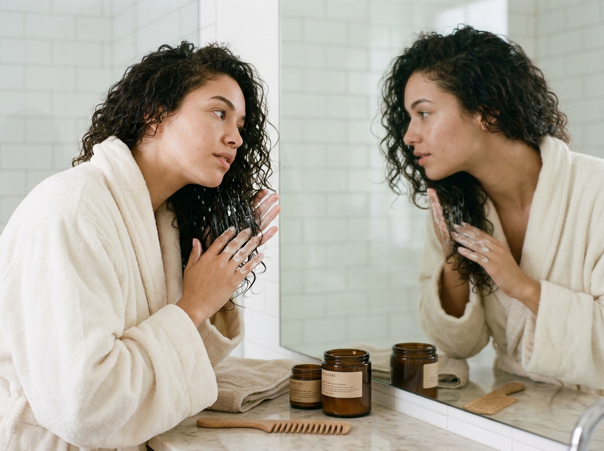 Jeune femme aux cheveux bouclés indisciplinés appliquant un masque capillaire dans une salle de bain moderne