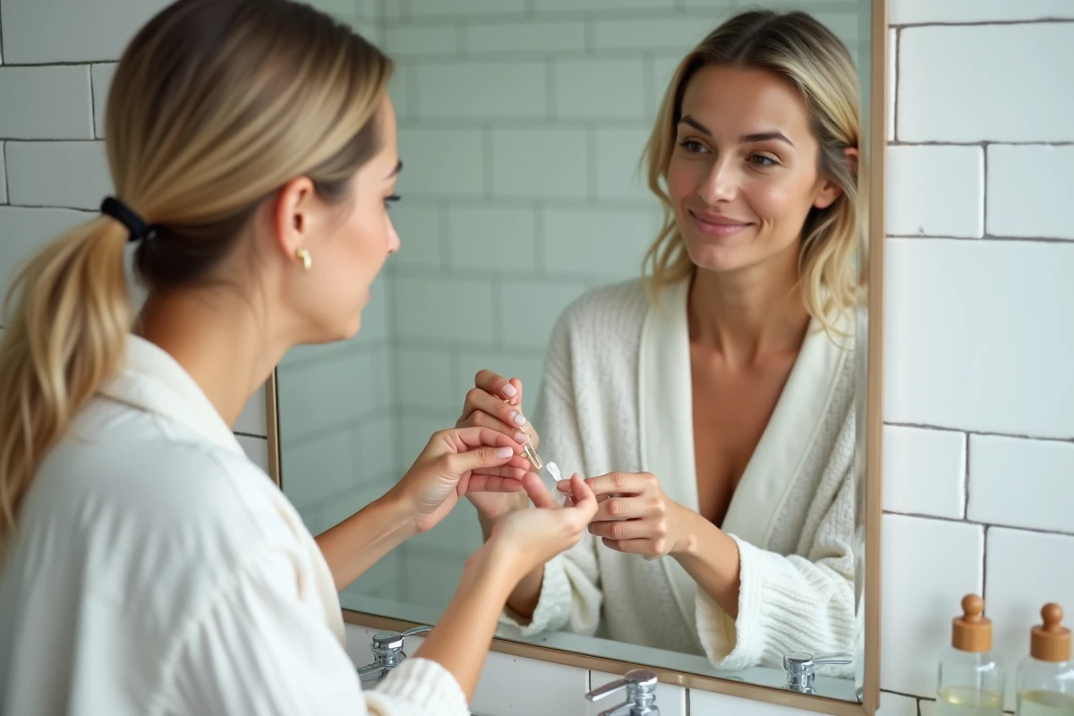 Femme appliquant un sérum naturel sur un ongle fendu verticalement dans une salle de bain lumineuse aux accessoires naturels