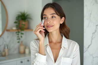 Femme appliquant un serum visage visage lumineux