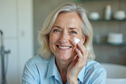 Femme d'âge moyen appliquant une crème visage dans une salle de bain
