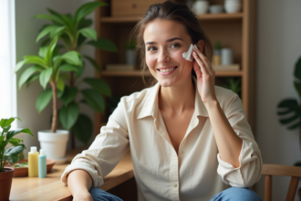 Femme appliquant une creme visage naturelle et saine