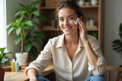 Femme appliquant une creme visage naturelle et saine