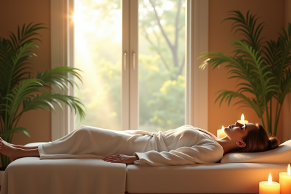 Intérieur de spa serein avec personne en robe blanche