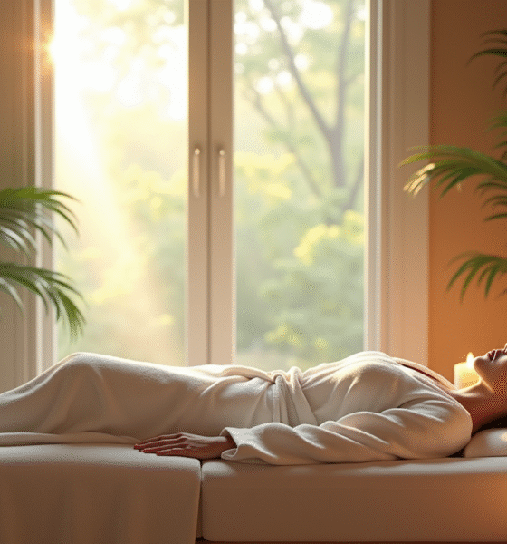Intérieur de spa serein avec personne en robe blanche