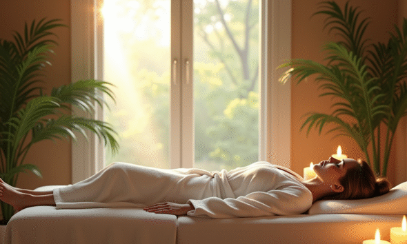 Intérieur de spa serein avec personne en robe blanche