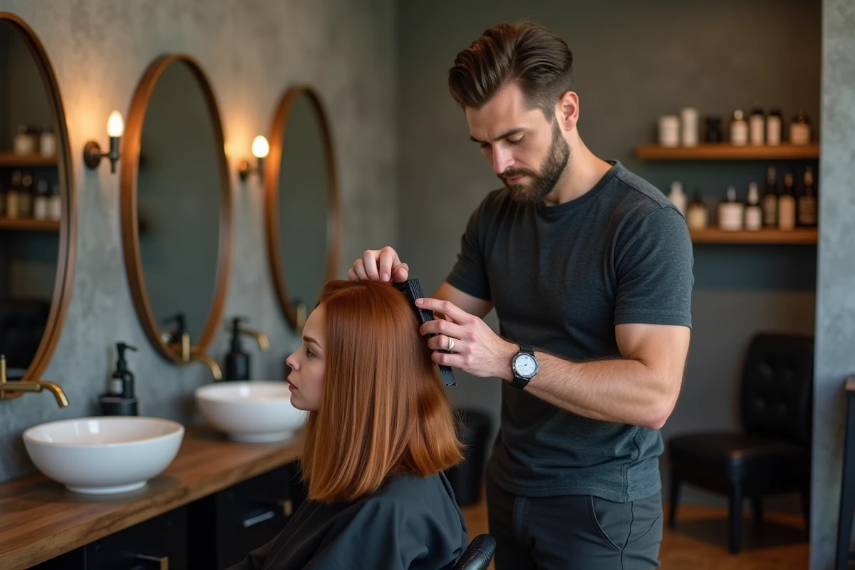 Coiffeur masculin peignant les cheveux d'une cliente dans un studio de coiffure au décor contemporain avec murs en béton et produits de soin professionnels