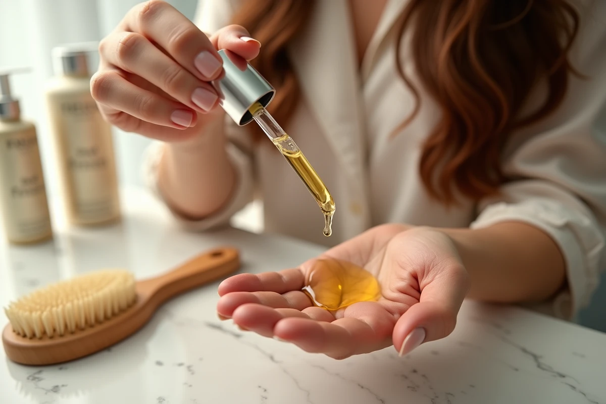 Gros plan de mains tenant un flacon compte-gouttes de sérum capillaire doré avec des mèches de cheveux brillants et des produits de soin sur une surface en marbre blanc