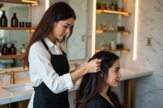 Coiffeuse professionnelle appliquant un masque nourrissant sur les cheveux d'une cliente dans un salon de coiffure moderne et élégant