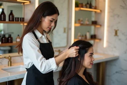 Coiffeuse professionnelle appliquant un masque nourrissant sur les cheveux d'une cliente dans un salon de coiffure moderne et élégant