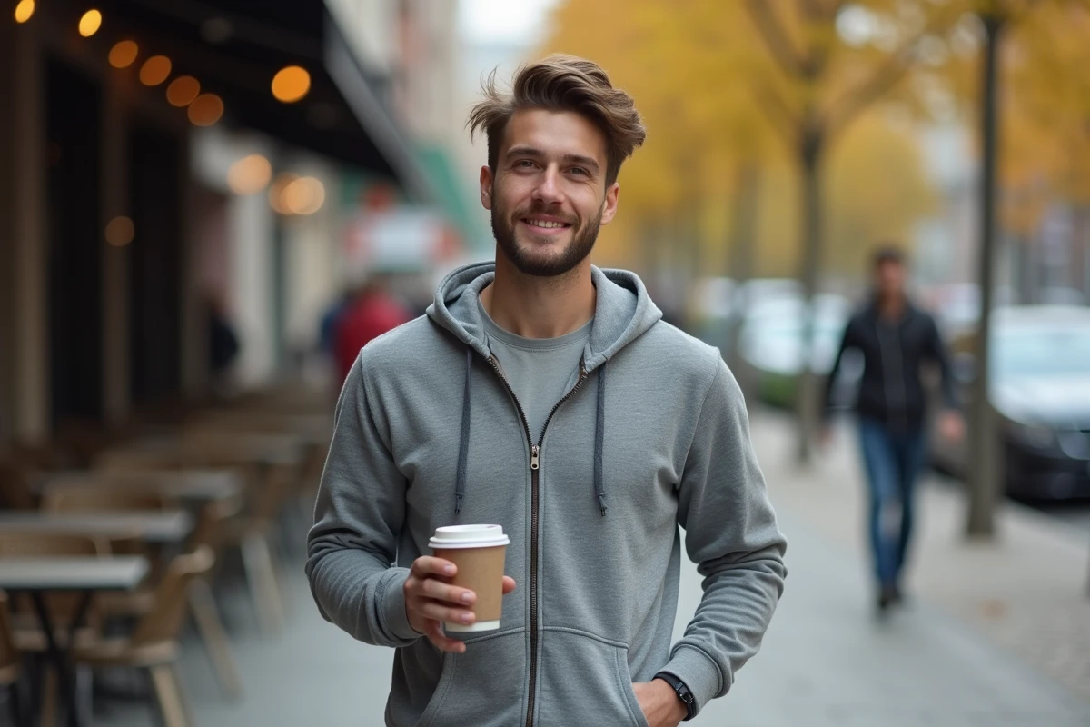 Homme aux cheveux mi-longs taper style naturel dans une rue urbaine avec café le matin