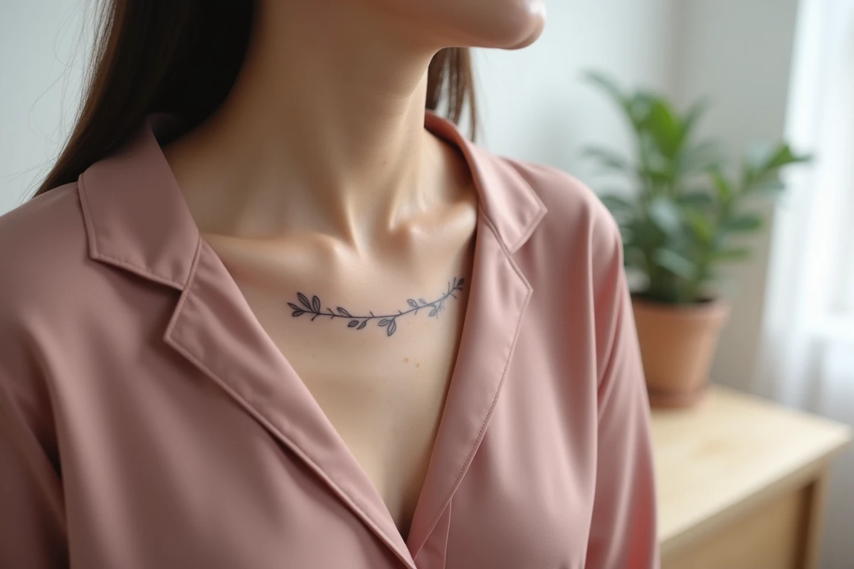 Petite femme avec tatouage botanique délicat sur la clavicule, chemisier soie rose, appartement scandinave