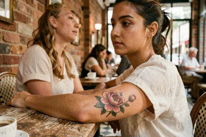 Jeune femme regardant son tatouage de pivoine sur le poignet dans un café parisien, symbolisant la signification des fleurs en tatouage