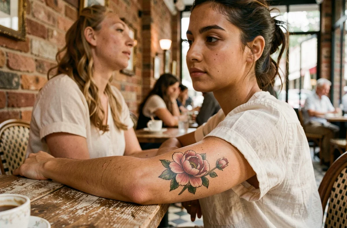Jeune femme regardant son tatouage de pivoine sur le poignet dans un café parisien, symbolisant la signification des fleurs en tatouage