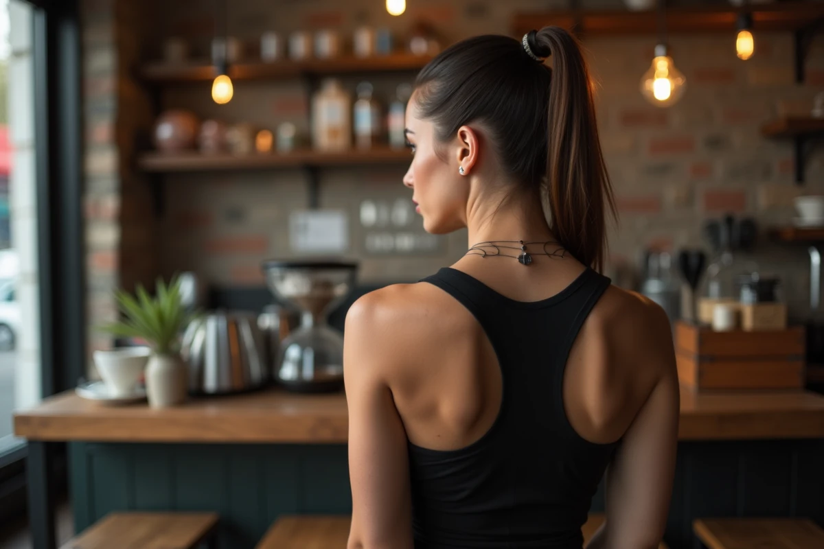 Femme athlétique avec tatouage géométrique fine-line sur la clavicule et l'épaule dans un café urbain