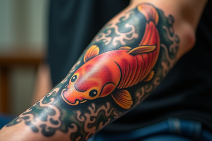 Tatouage koi japonais sur avant-bras en gros plan