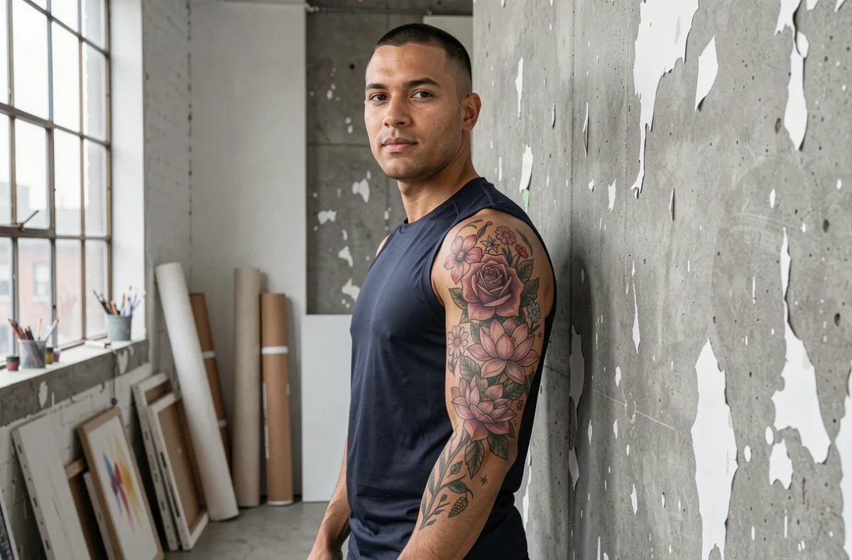 Homme avec un tatouage de manchette florale représentant roses et lotus, illustrant la personnalité révélée par les fleurs tatouées