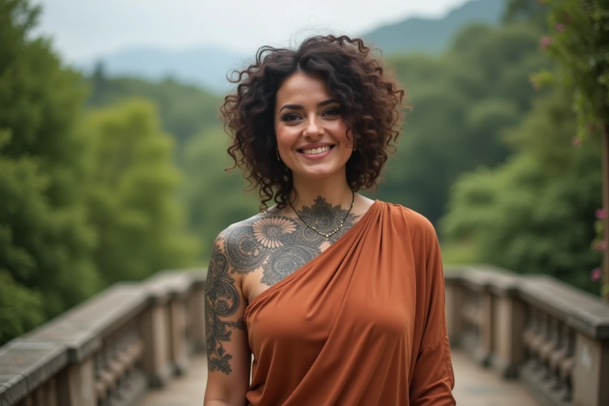 Femme ronde avec grand tatouage mandala sur l'épaule et la clavicule, tenue bohème en terrasse extérieure