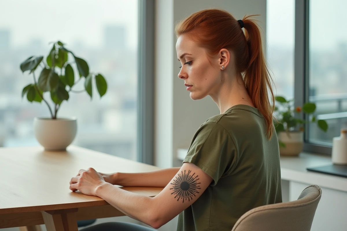 Tatouage de soleil blackwork sur l'épaule d'une femme assise dans un intérieur contemporain lumineux