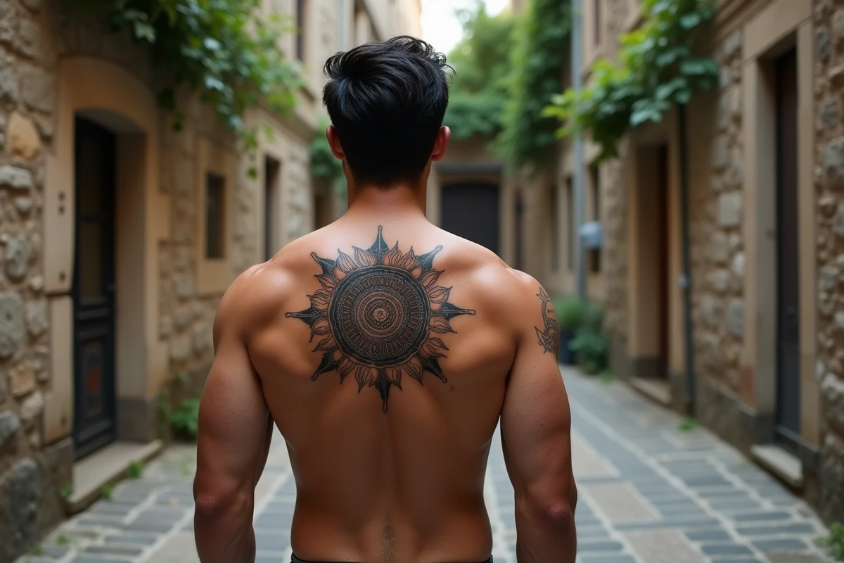 Grand tatouage de soleil mandala dans le dos d'un homme en plein air dans une cour pavée urbaine