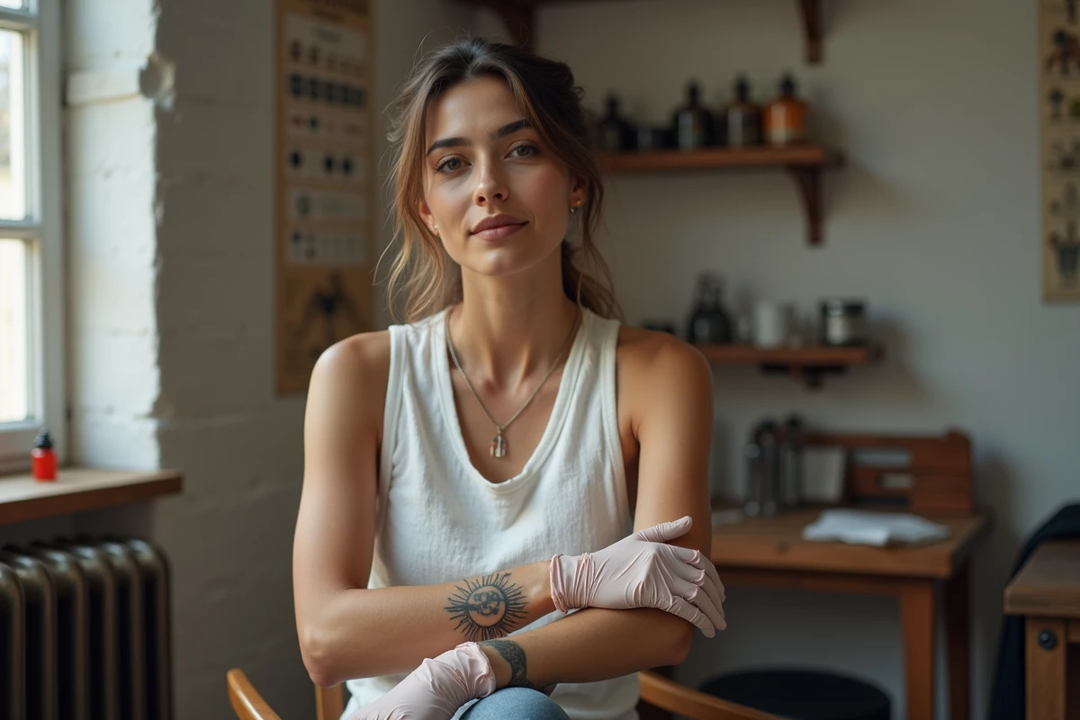 Tatouage de soleil géométrique sur le poignet intérieur d'une femme dans un studio de tatouage minimaliste
