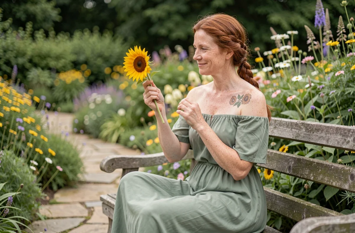Femme comparant son tatouage de tournesol sur la clavicule avec une vraie fleur dans un jardin botanique, évoquant la symbolique des fleurs et la personnalité
