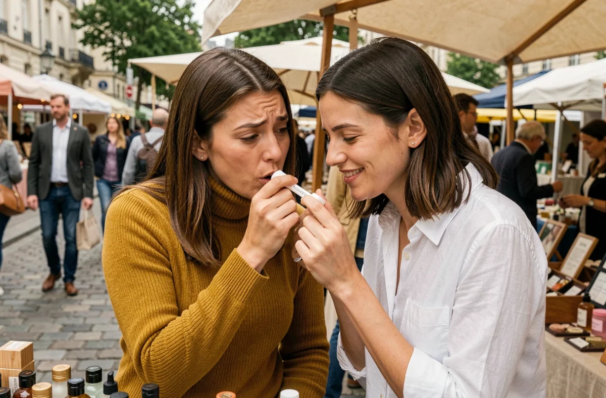 Deux femmes testant et donnant leur avis sur des parfums Kalista dans un marché artisanal en plein air