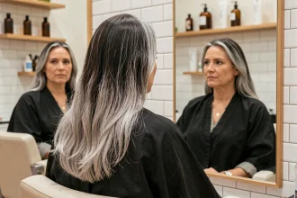 Femme de 45 ans en salon de coiffure laissant pousser ses cheveux blancs naturels sans décoloration