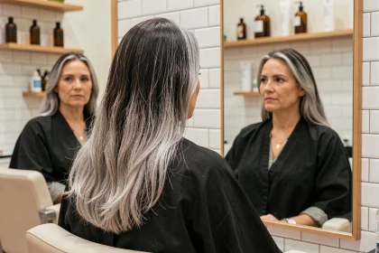 Femme de 45 ans en salon de coiffure laissant pousser ses cheveux blancs naturels sans décoloration