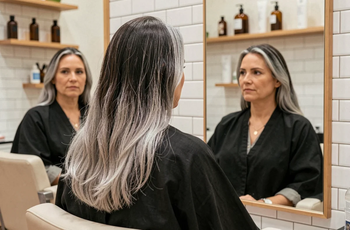 Femme de 45 ans en salon de coiffure laissant pousser ses cheveux blancs naturels sans décoloration
