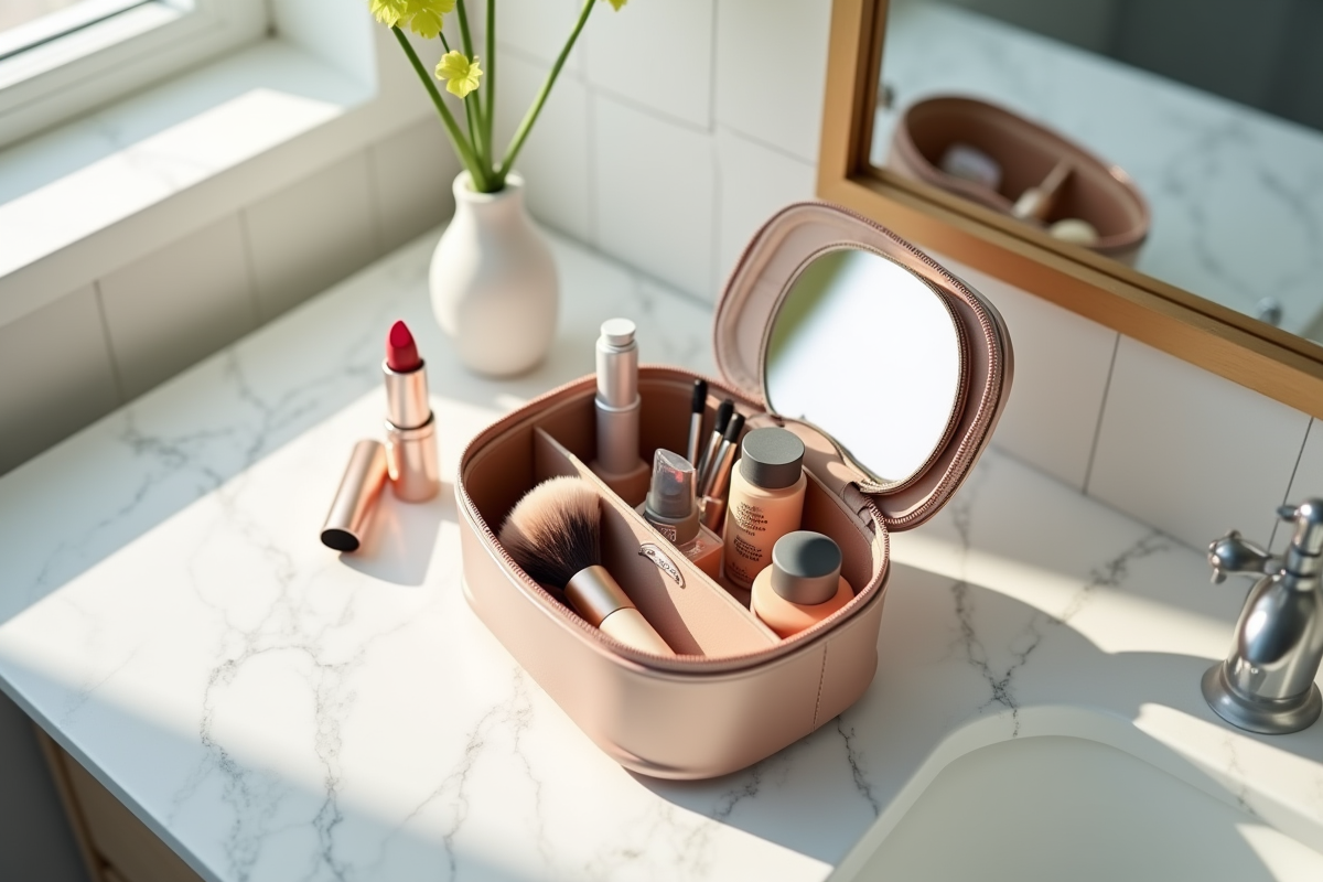 Trousse maquillage élégante ouverte sur un comptoir en marbre blanc