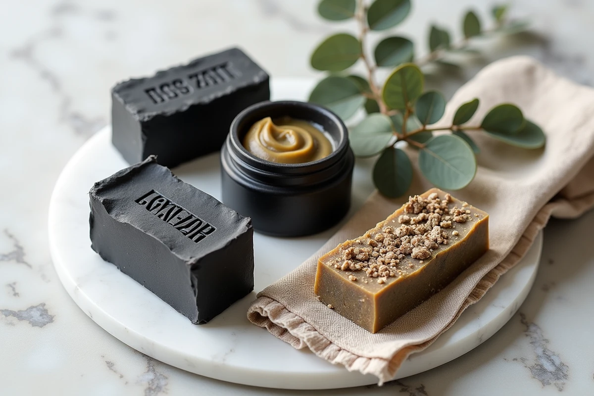 Différents types de savon noir artisanal présentés sur marbre blanc pour choisir le soin visage adapté