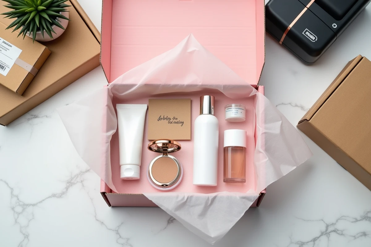 Vue aérienne d'une boîte beauté ouverte avec ses produits cosmétiques soigneusement emballés prête à l'expédition