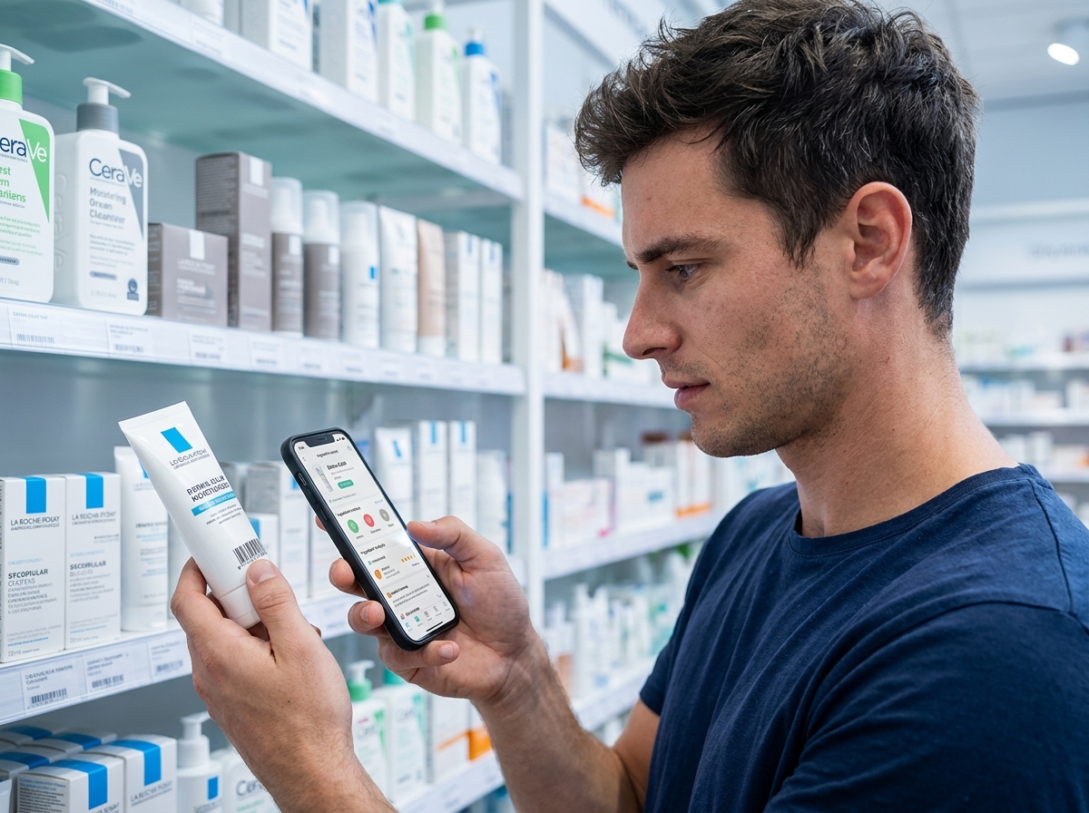 Homme scannant un produit cosmétique en pharmacie avec son smartphone pour vérifier la composition des ingrédients
