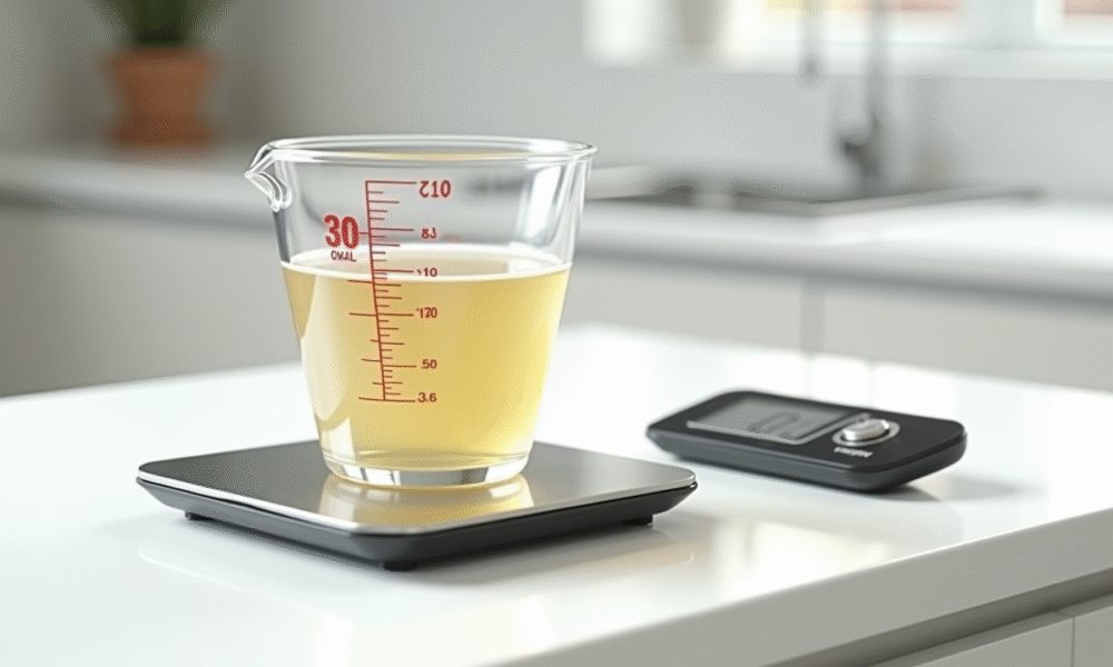 Verre mesureur rempli à 30 cl sur plan de cuisine lumineux