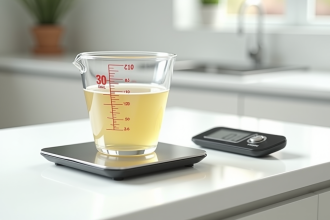 Verre mesureur rempli à 30 cl sur plan de cuisine lumineux