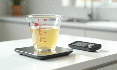 Verre mesureur rempli à 30 cl sur plan de cuisine lumineux