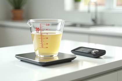 Verre mesureur rempli à 30 cl sur plan de cuisine lumineux