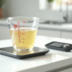 Verre mesureur rempli à 30 cl sur plan de cuisine lumineux